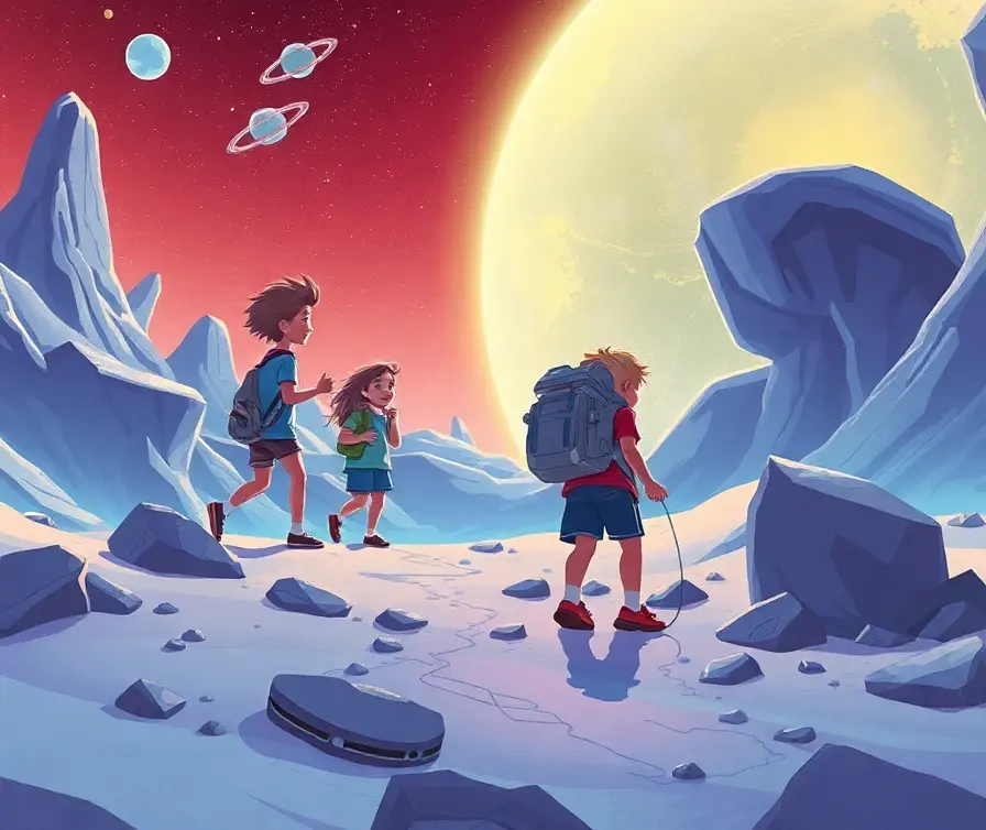 Couverture d'e-book: Aventure dans l'Espace, illustration futuriste d'enfants explorant une planète alien